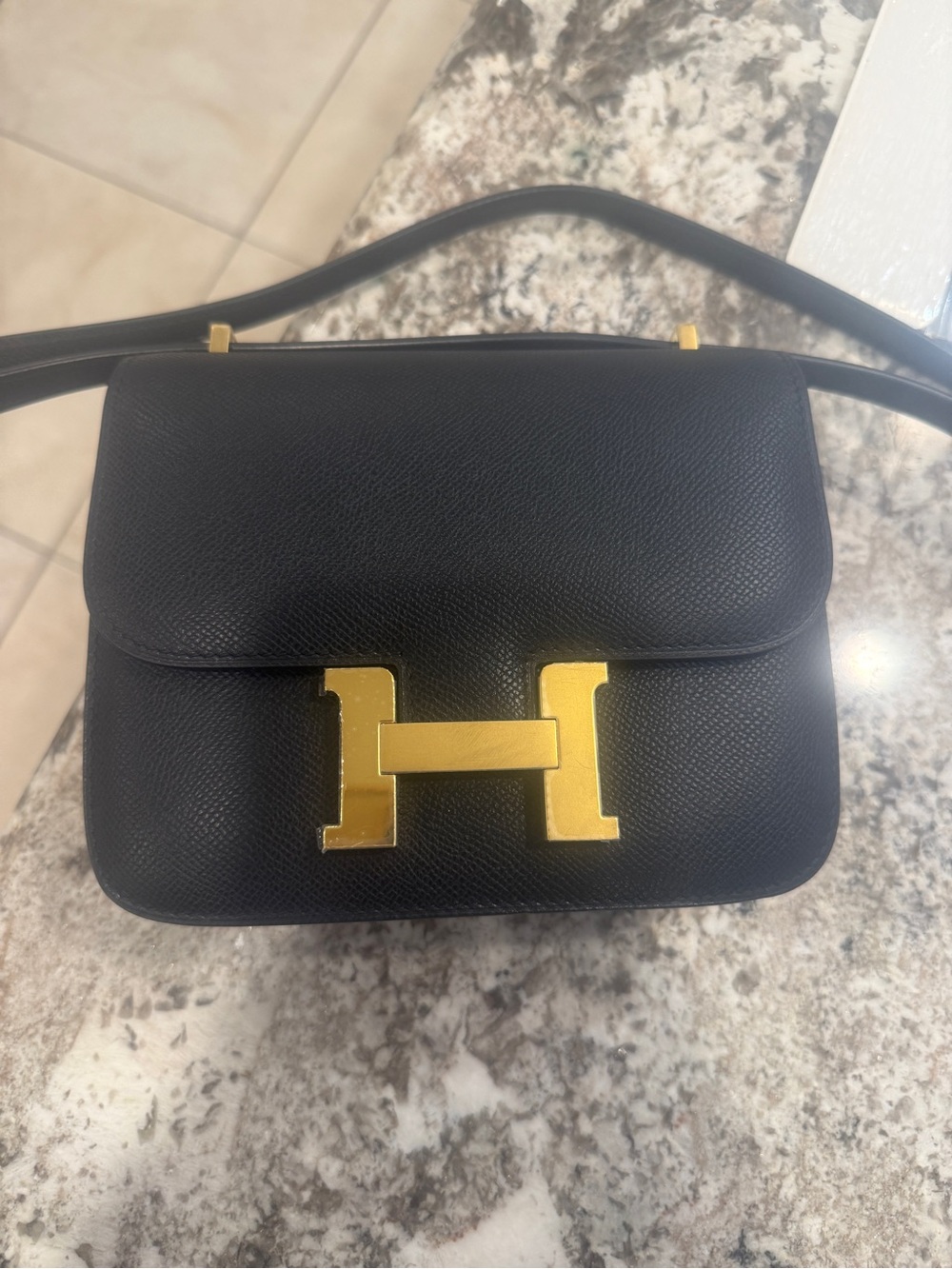 -Inspired Black Leather Shoulder Bag with Gold H Clasp